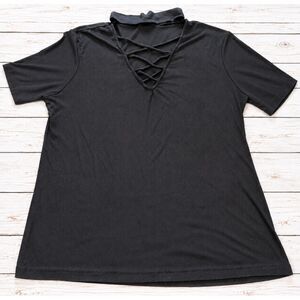 Ambiance Black Ribbed Knit Criss Cross V Neck Short Sleeve Top Women's Size 1XL